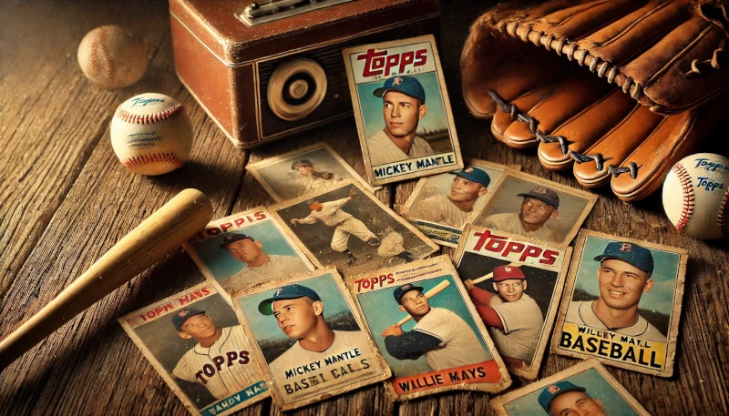 baseball-trading-card-A-nostalgic-still-life-featuring-vintage-1950s-and-1960s-Topps-baseball-cards-scattered-on-a-rustic-wooden-table.-The-scene-includes-legendary-player